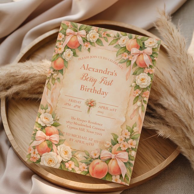 Invitación Jardín de frutas de melocotón Primer cumpleaños 1e (Subido por el creador)