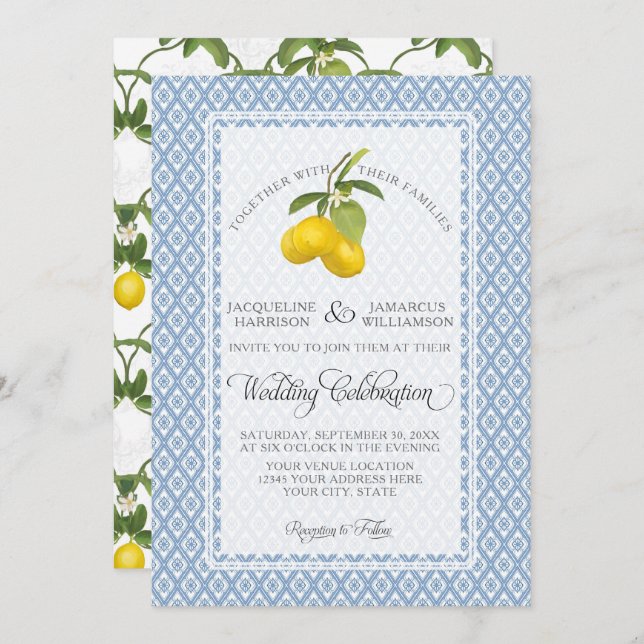 Invitación Jardín de granja Lemon BOHO Citrus Azul y Blanco (Anverso / Reverso)