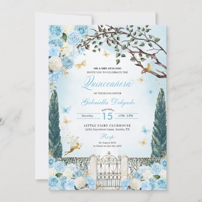 Invitación Jardín de hadas azules encantado Quinceanera (Anverso)