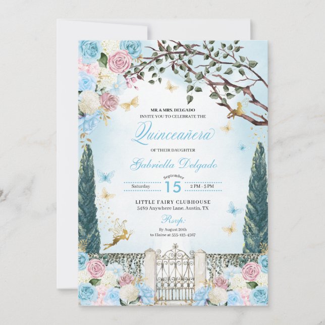Invitación Jardín de hadas azules y rosas Quinceanera (Anverso)