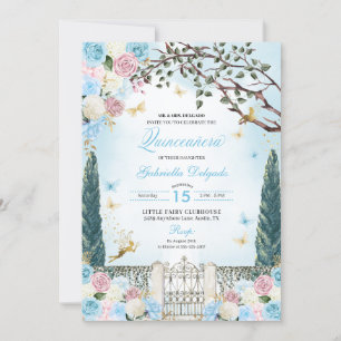 Invitación Jardín de hadas azules y rosas Quinceanera