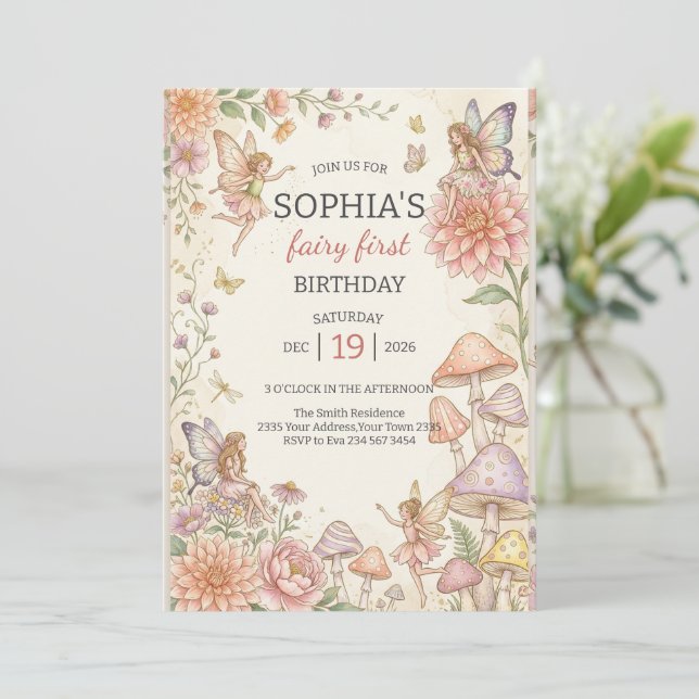 Invitación Jardín de Hadas Caprichoso Cumpleaños 1 (Anverso de pie)
