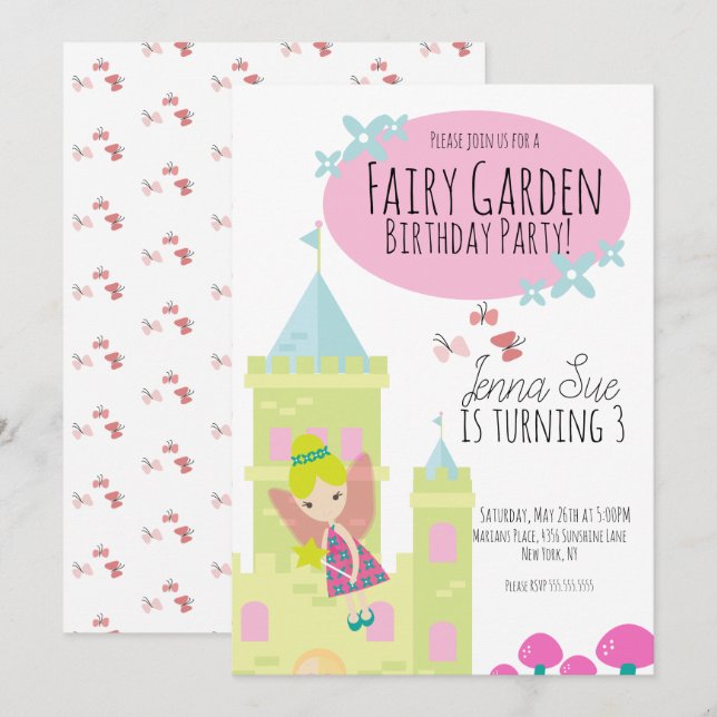 Invitación Jardín de Hadas Cumpleaños 1 Castillo Mariposas  (Anverso / Reverso)