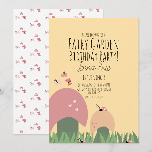 Invitación Jardín de Hadas Cumpleaños 1 Mariquitas Mariposas  (Anverso / Reverso)