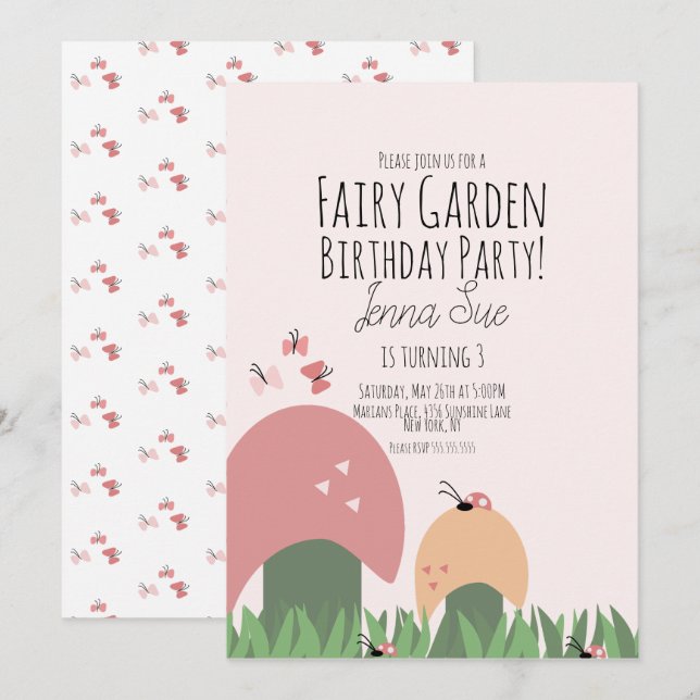 Invitación Jardín de Hadas Cumpleaños 1 Mariquitas Mariposas (Anverso / Reverso)