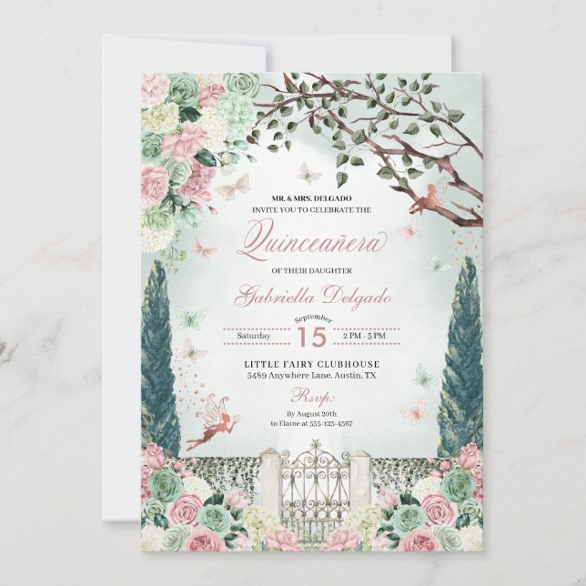 Invitación Jardín de hadas encantadas de oro Rosa Quinceanera (Anverso)