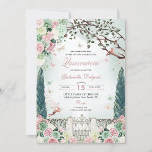 Invitación Jardín de hadas encantadas de oro Rosa Quinceanera