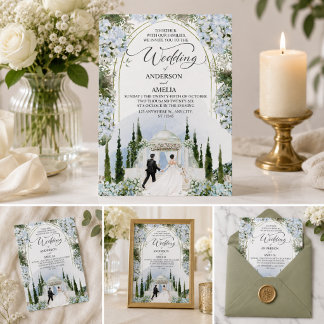 Invitación Jardín de Hortensias Azules Elegantes Boda Aquarel