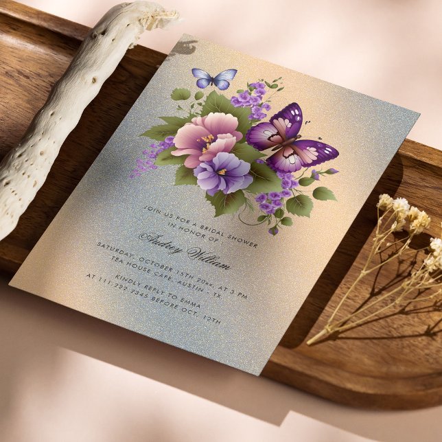 Invitación Jardín de la Mariposa de Oro: Ducha Glam Bridal (Personalized Beautiful Gold Accented Butterfly Bridal Shower Invitation)