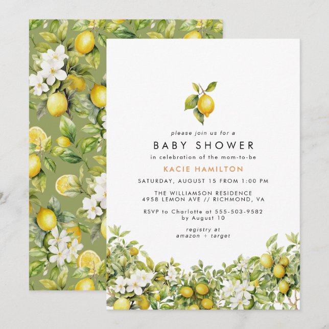 Invitación Jardín de limón amarillo brillante | Baby Shower d (Anverso / Reverso)