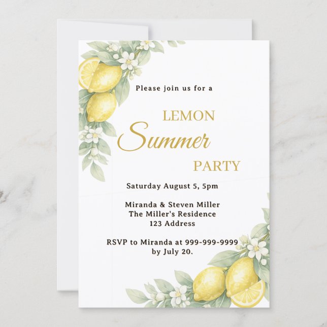 Invitación Jardín de limón cítrico Fiesta de Verano (Anverso)