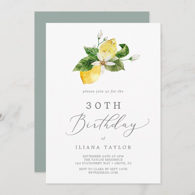 Invitación Jardín de limón moderno 30 cumpleaños (Anverso / Reverso)