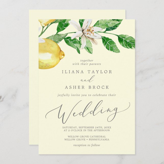 Invitación Jardín de limón moderno | Boda amarillo (Anverso / Reverso)