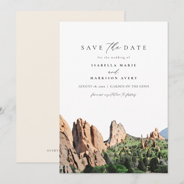 Invitación JARDÍN DE LOS DIOS Skyline Travel Save the Date (Anverso / Reverso)