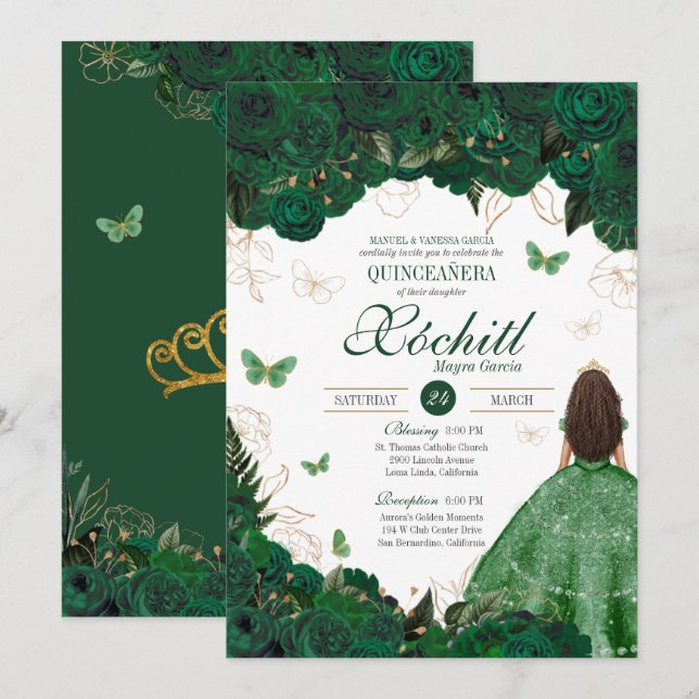 Invitación Jardín de mariposa encantado Esmeralda Quinceanera (Anverso / Reverso)