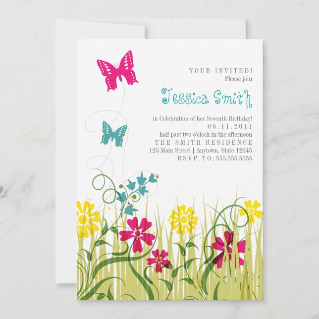 Invitación Jardín de mariposas en colores brillantes (Anverso)