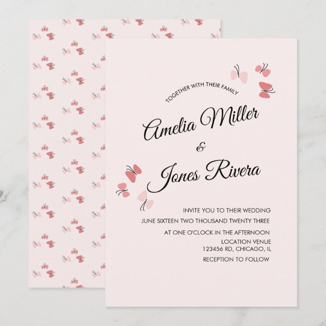 Invitación Jardín de Mariposas Rosadas Boda Romántica  (Anverso / Reverso)