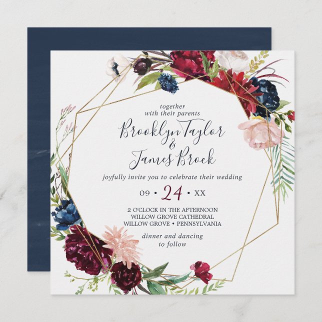 Invitación Jardín de otoño | Boda de la plaza geométrica de B (Anverso / Reverso)