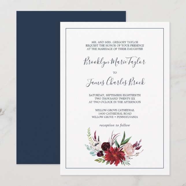 Invitación Jardín de otoño | Boda formal de Borgoña (Anverso / Reverso)