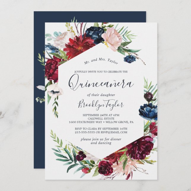 Invitación Jardín de otoño | Borgoña Quinceañera (Anverso / Reverso)