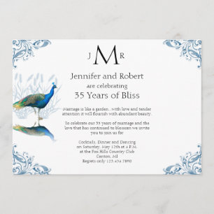Invitación Jardín de Pavos Reales en Azul Aniversario de Boda