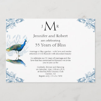 Invitación Jardín de Pavos Reales en Azul Aniversario de Boda