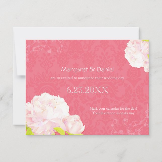 Invitación Jardín de Peonía Rosa Boda Guardar la Fecha (Anverso)