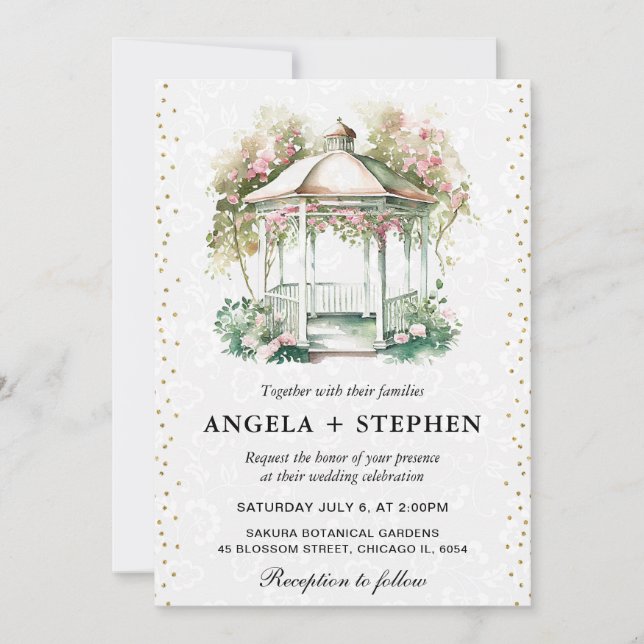 Invitación Jardín de primavera al aguarela Gazebo Boda (Anverso)