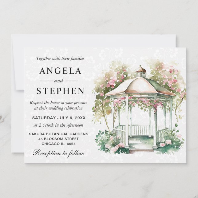 Invitación Jardín de primavera al aguarela Gazebo Boda (Anverso)