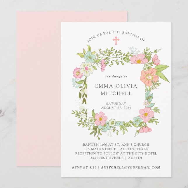 Invitación Jardín de primavera | Bautismo floral (Anverso / Reverso)