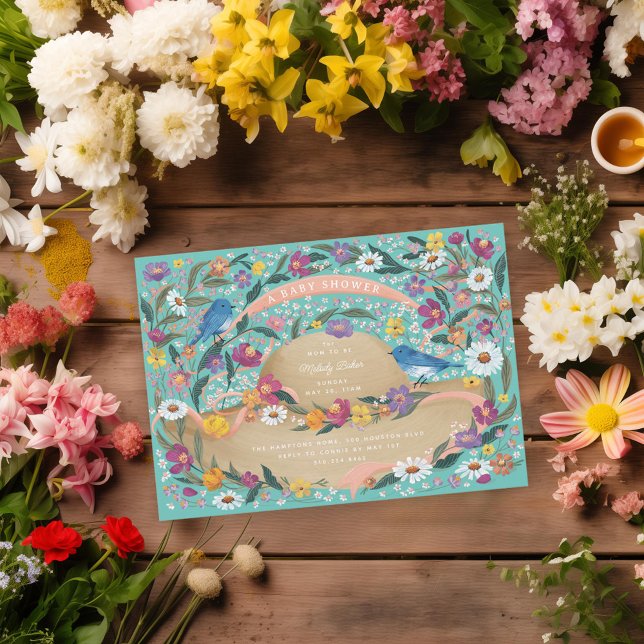Invitación Jardín de primavera Flores Sol Gorra Azul Baby Sho (Subido por el creador)