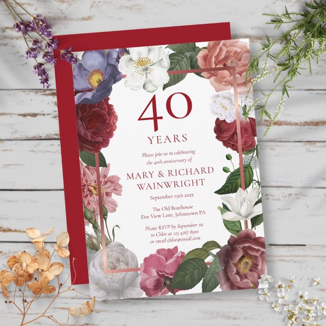 Invitación Jardín de Rosas del 40º Aniversario de Bodas de Ru (40th Ruby Wedding Anniversary Rose Garden Invitation)