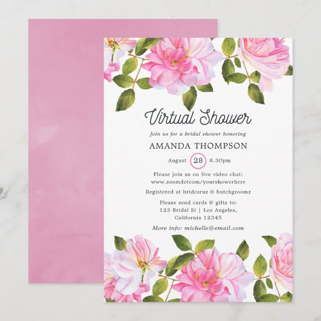 Invitación Jardín de rosas rosadas ducha virtual (Anverso / Reverso)