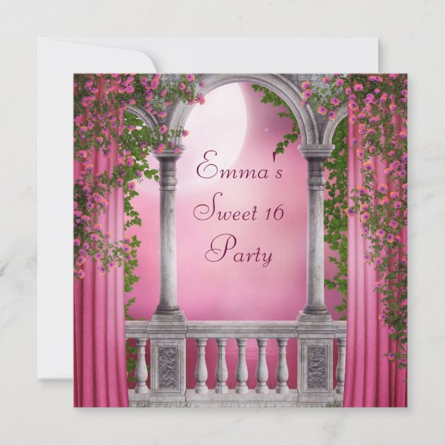 Invitación Jardín de Rosas Rosadas Fiesta Dulces 16 (Anverso)