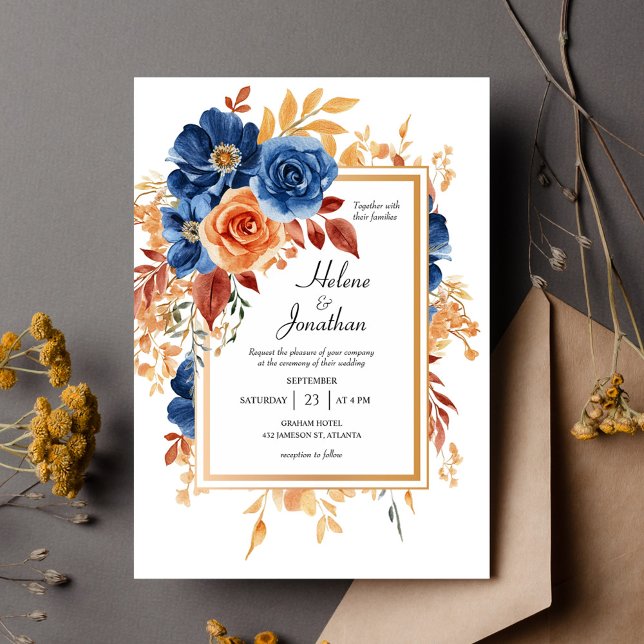 Invitación Jardín de roya azul de la Marina Terracota Elegant (Navy Blue Terracotta Rust Garden Elegant Wedding Invitation)