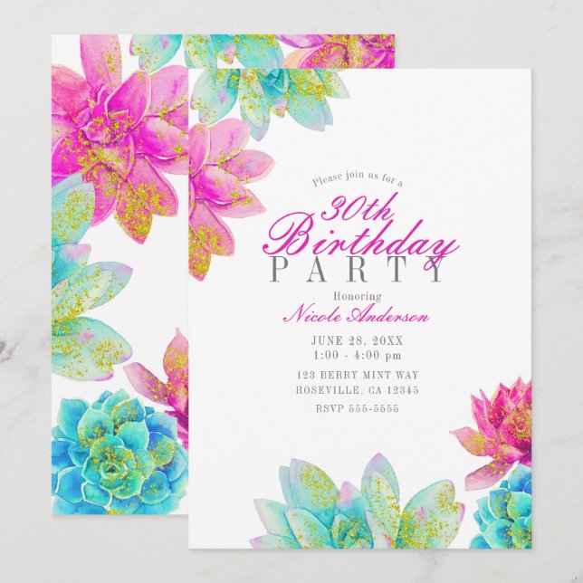 Invitación Jardín de Suculentas Cumpleaños Fiesta Verde Acuát (Anverso / Reverso)