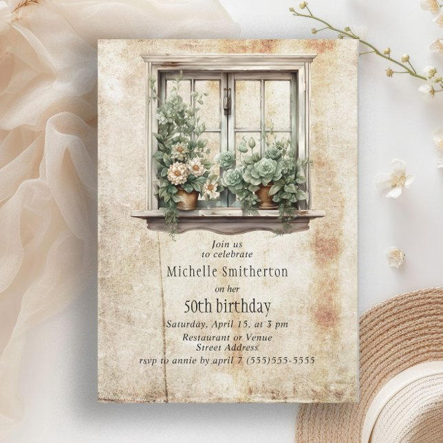 Invitación Jardín de Suculentas en Ventana Cumpleaños 50 (Rustic succulent window garden birthday party invitation)