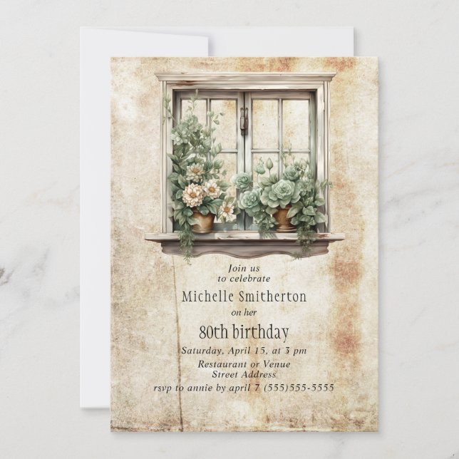 Invitación Jardín de Suculentas en Ventana Rústica Cumpleaños (Anverso)