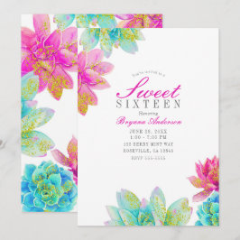Invitación Jardín de Suculentas Rosa Brillante Verde Azul Par