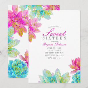 Invitación Jardín de Suculentas Rosa Brillante Verde Azul Par