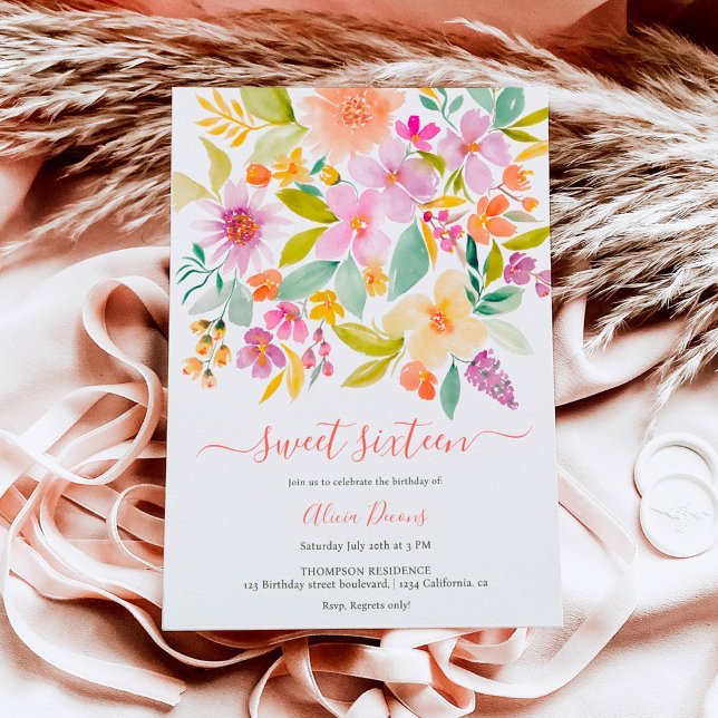 Invitación Jardín de verano acuarela floral Dulce 16 (Subido por el creador)