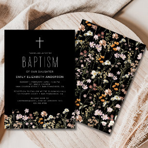 Invitación Jardín del Bautismo de Flores Silvestres Negras En