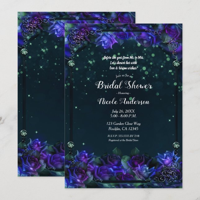 Invitación Jardín Encantado de Brillo Morado Verde Nupcial (Anverso / Reverso)