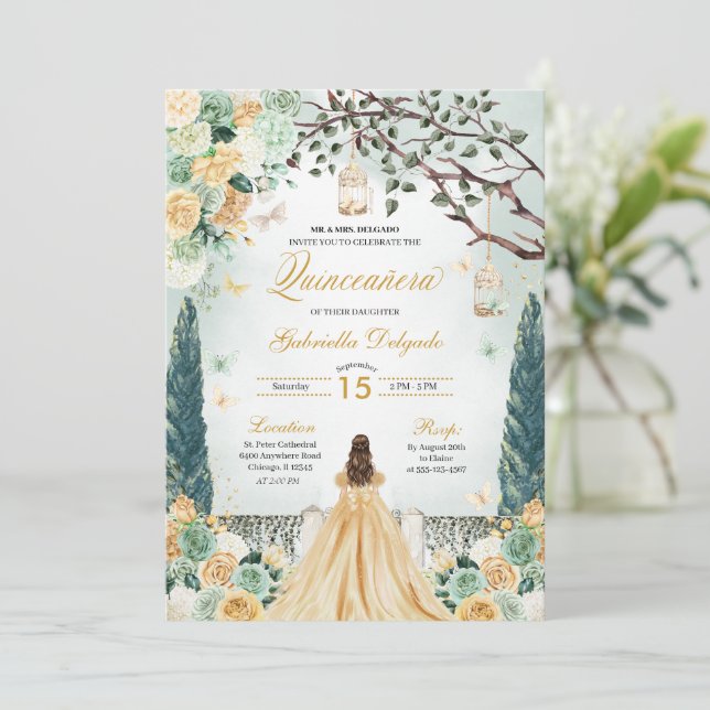 Invitación Jardín encantado de Princesa Verde Dorada Quincean (Anverso de pie)