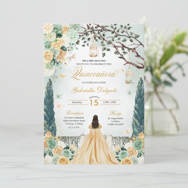 Invitación Jardín encantado de Princesa Verde Dorada Quincean (Anverso de pie)