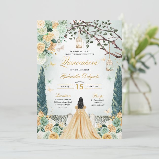 Invitación Jardín encantado de Princesa Verde Dorada Quincean (Anverso de pie)
