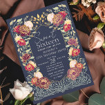 Invitación Jardín encantado Dulce Floral 16 Cumpleaños<br><div class="desc">¡Celebra tu dulce 16 con estilo! Nuestras invitaciones para fiestas de cumpleaños incluyen un impresionante marco floral rosa y rojo contra un fondo azul con acentos dorados de moda. Perfecto para una celebración vibrante e inolvidable! NOTA: El Oro que aparece en el diseño de este producto NO es un Relieve...</div>