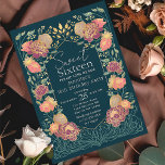 Invitación Jardín encantado Dulce Floral 16 Cumpleaños<br><div class="desc">¡Celebra tu dulce 16 con estilo! Nuestras invitaciones para fiestas de cumpleaños incluyen un impresionante marco floral rosa y morado contra un fondo verde azulado con acentos de oro de moda. Perfecto para una celebración vibrante e inolvidable! NOTA: El Oro que aparece en el diseño de este producto NO es...</div>