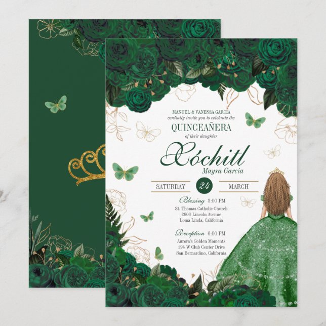 Invitación Jardín encantado Emerald Green Quinceanera (Anverso / Reverso)