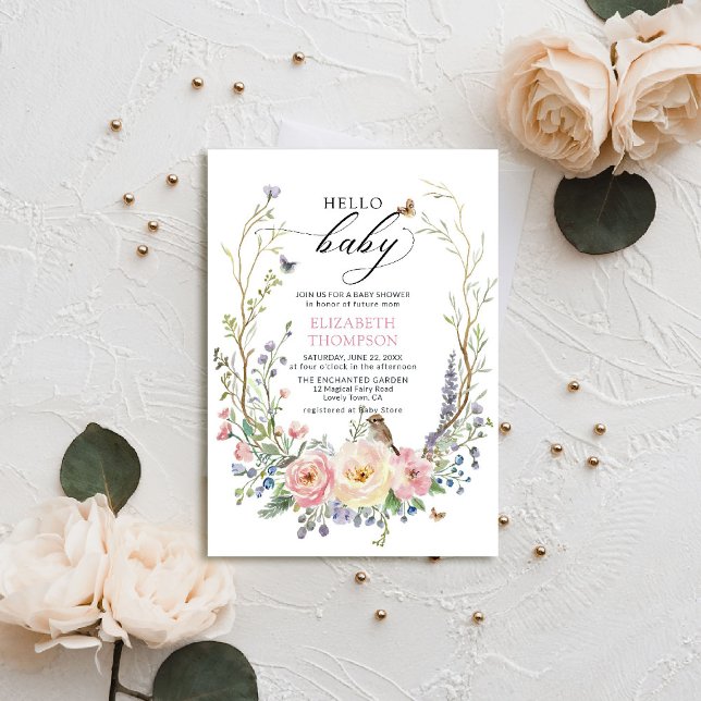 Invitación Jardín encantado Rosas de flores silvestres Bird B (enchanted garden baby shower invitation woodland forest bird butterfly spring summer whimsical roses)